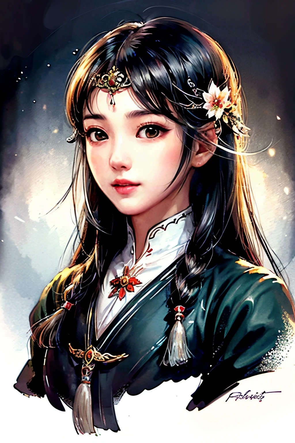 roof,(White background:1.4), ((Standing picture)), The original,(illustration:1.1),(best quality),(masterpiece:1.1),(Extremely detailed CG Unity 8K wallpaper:1.1), (rich and colorful:0.9),(Panorama:1.4),(Solitary:1.2), (Ink splash),(Splash of Color),((watercolor)), Sharp focus,{ 1 girl standing },((Korean )),Flower background,outdoor,rock, Looking at the audience, Make a happy expression,Gentle smile,pure,Beautiful face and eyes,Intricate details of clothing decoration patterns, Black Hair,black eyes,Colored Water