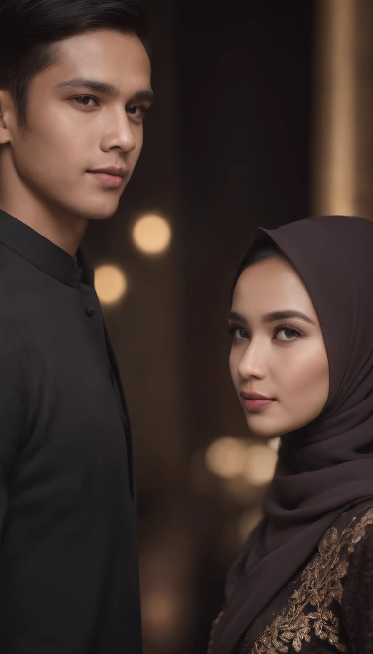 a young Indonesian man stands posing next to a young Indonesian woman. beautiful young woman, Hijab, black kebaya. best quality, realistic, photorealistic, (intricate detail: 1.2), (fine detail), (cinematic light), clear lines, sharp focus, realistic face, detailed face, unity 8k wallpaper, very high resolution, (photorealistic: 1.4), He was looking at the audience