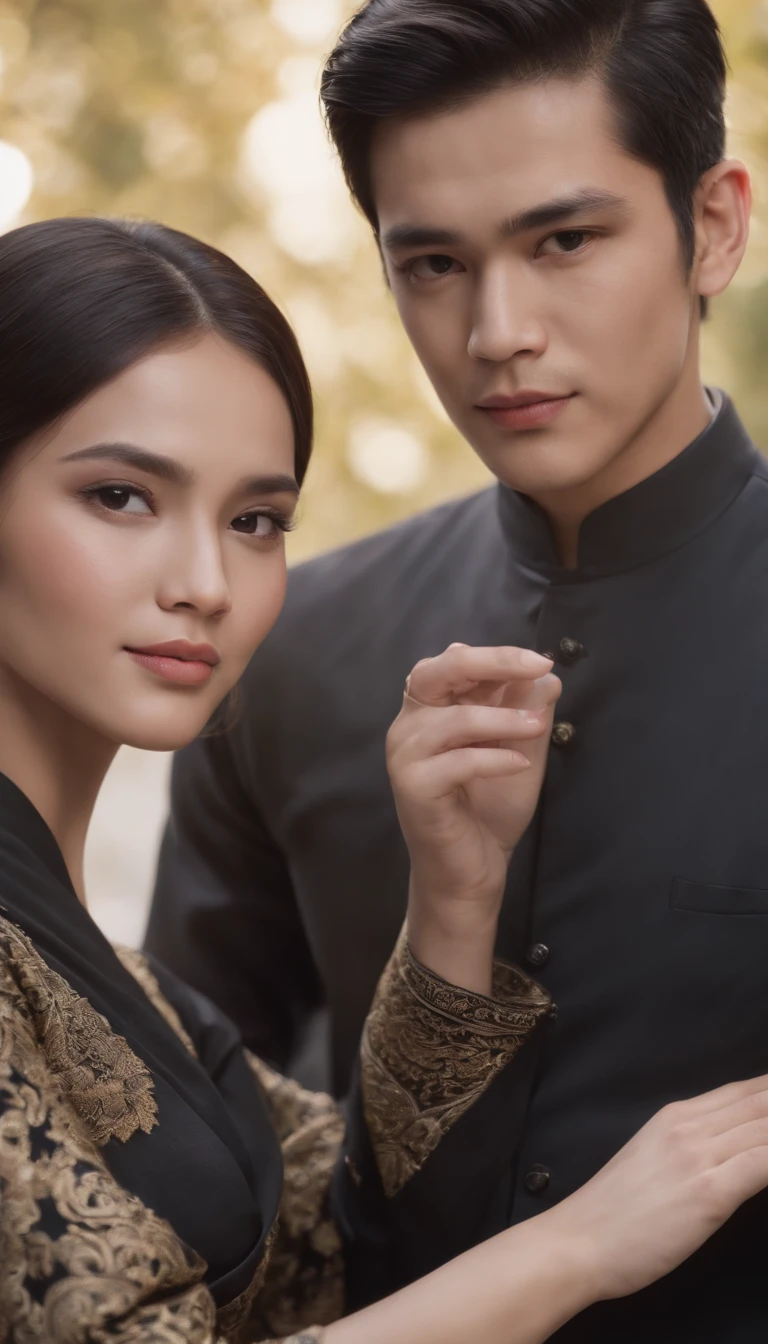 a young Indonesian man stands posing next to a young Indonesian woman. beautiful young woman, Hijab, black kebaya. best quality, realistic, photorealistic, (intricate detail: 1.2), (fine detail), (cinematic light), clear lines, sharp focus, realistic face, detailed face, unity 8k wallpaper, very high resolution, (photorealistic: 1.4), He was looking at the audience