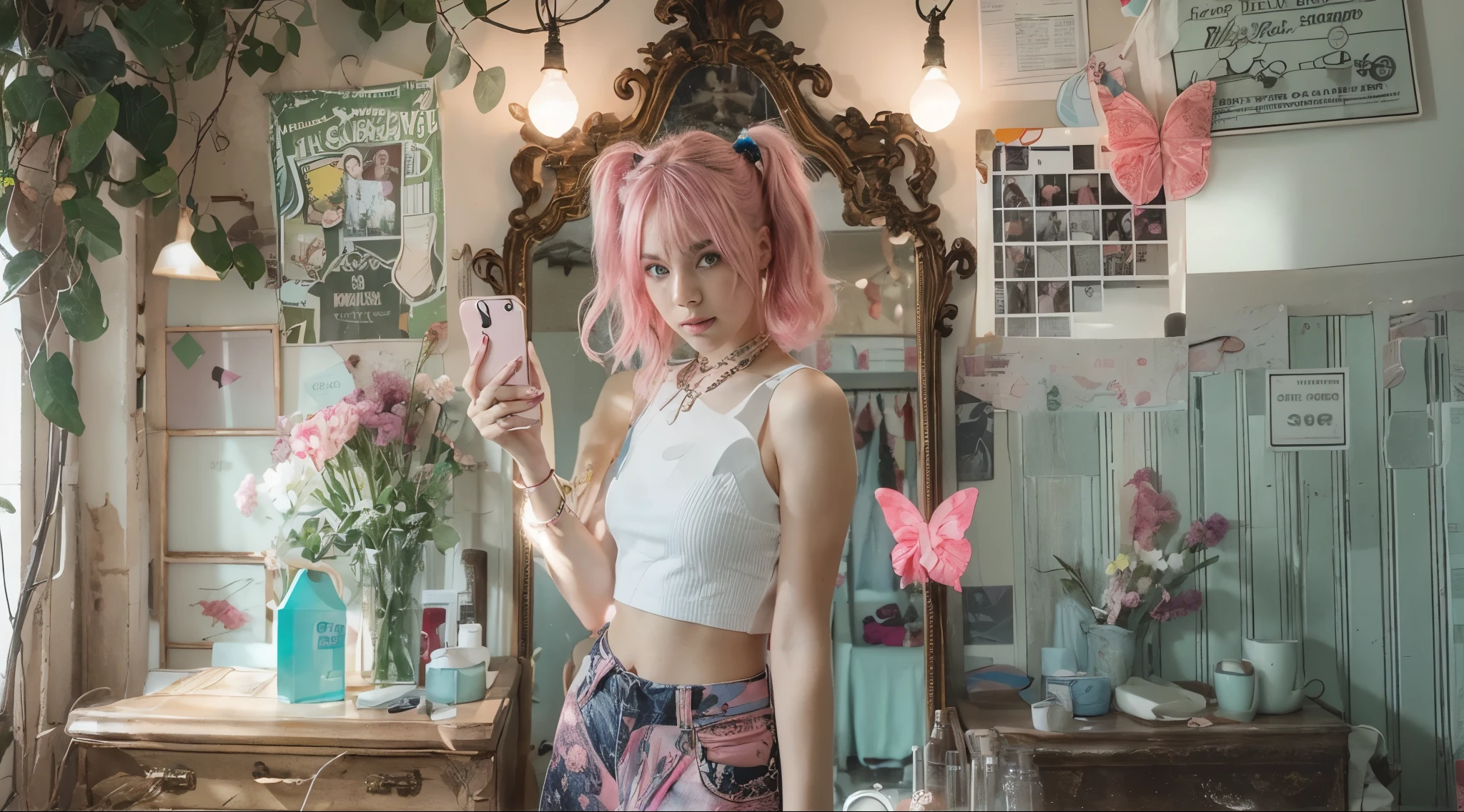Fashion selfie of a 19-year-old young girl with pink hair and trendy outfits. The background is a retro pictorial background board, a KV background board, a full-length mirror, full of energy