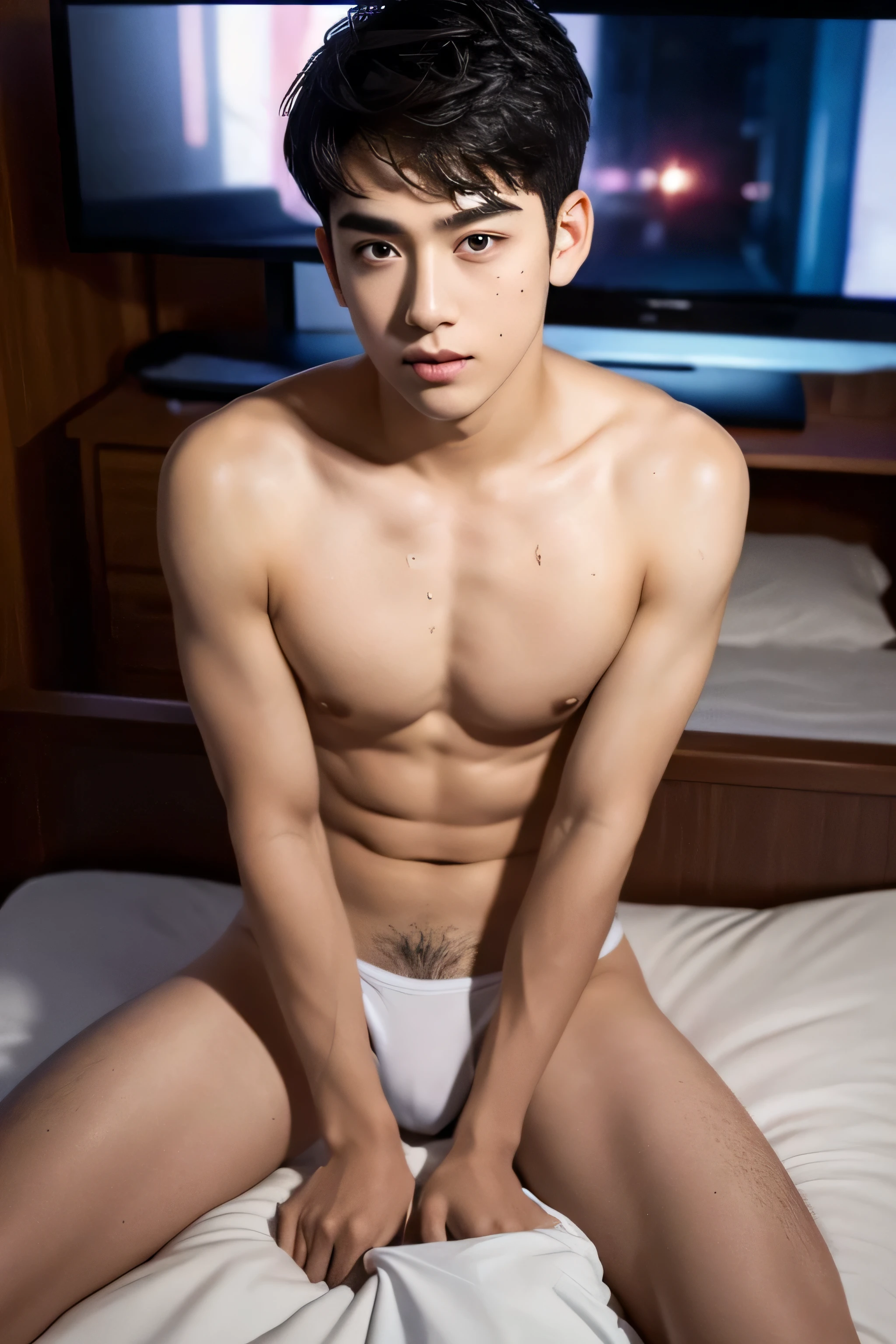 age face shape, realistic, cinematic, 4k, movie, very detailed, teenboy, young boy, About 10 yearshair, appealing, He look so young, fair skin, thick eyebrow, handsome boy, young, Stupid face, sharp face, clear face, Horny face, lean bodt hair, Semen all over my face, sall over body, semen all arms, semen all over, semen all over leg,c hair, The boy was mbating, torrential, bedroom, (eye contact), s, Wet panties, TV, used tissue placed on the TV, full bto