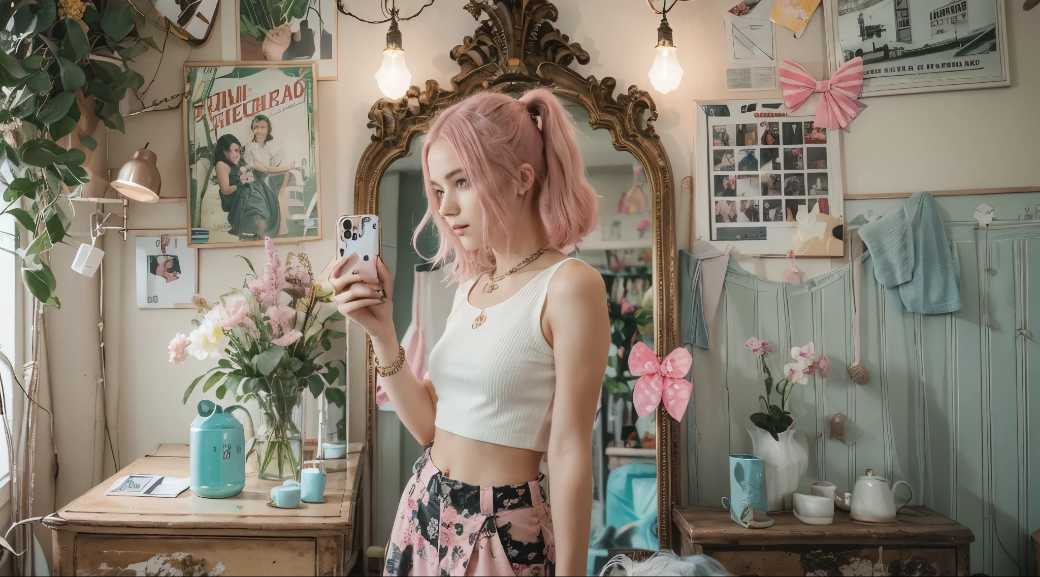 Fashion selfie of a 19-year-old young girl with pink hair and trendy outfits. The background is a retro pictorial background board, a KV background board, a full-length mirror, full of energy