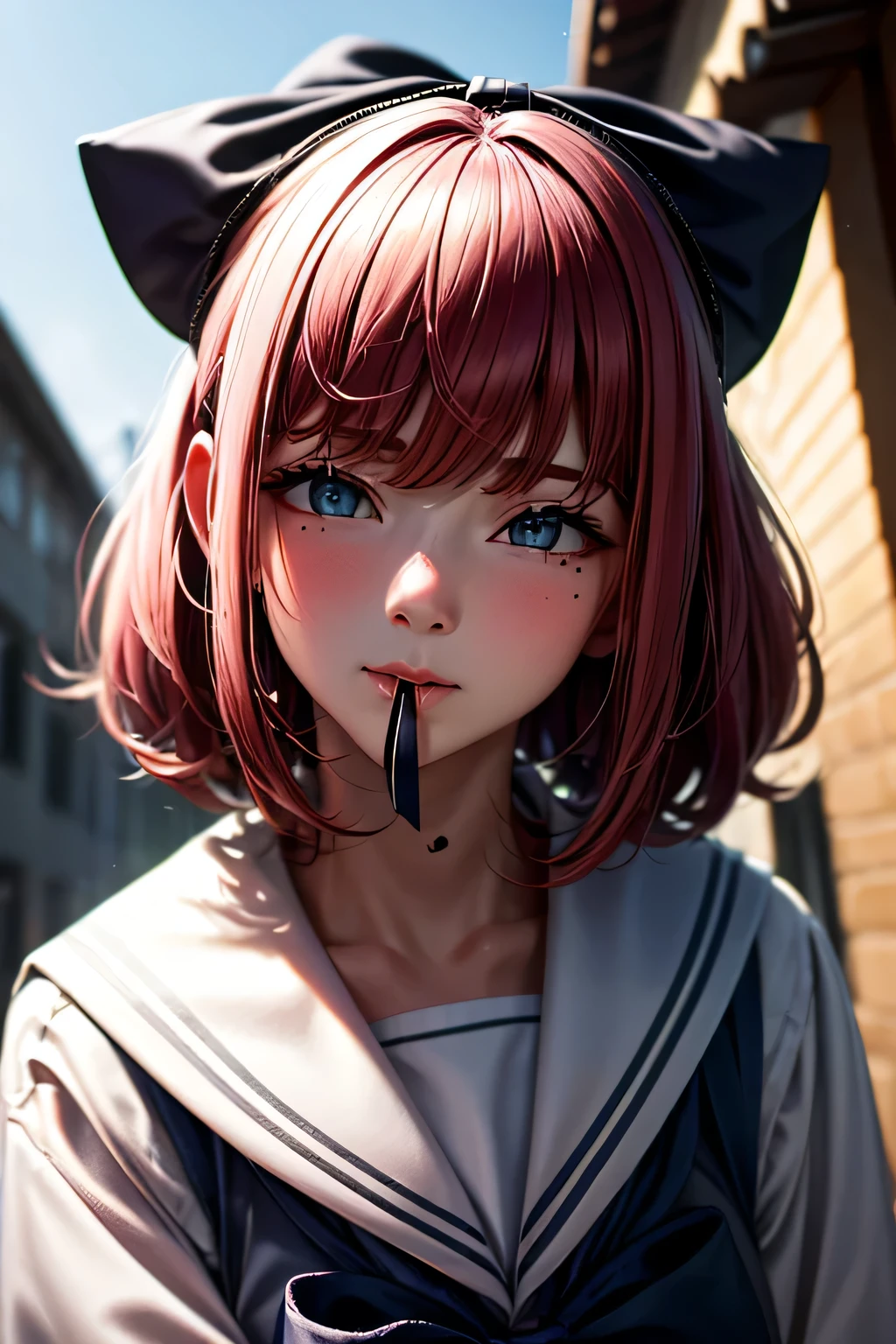 ski style, One girl, alone, Pink Hair, black eye, wing, View your viewers, Mole, bangs, short hair, bow, Sailor collar, Simple school background, white Sailor collar, Mole under mouth, hair bow, pink bow, Mouth closed, shirt, white shirt, Bobcut, Portraiture, compensate, Upper Body, (Background of the school building)、(Dynamic pose_random), masterpiece, 最high quality, high quality, High resolution, (Face close-up)、 (((Background in front of the school building)))、