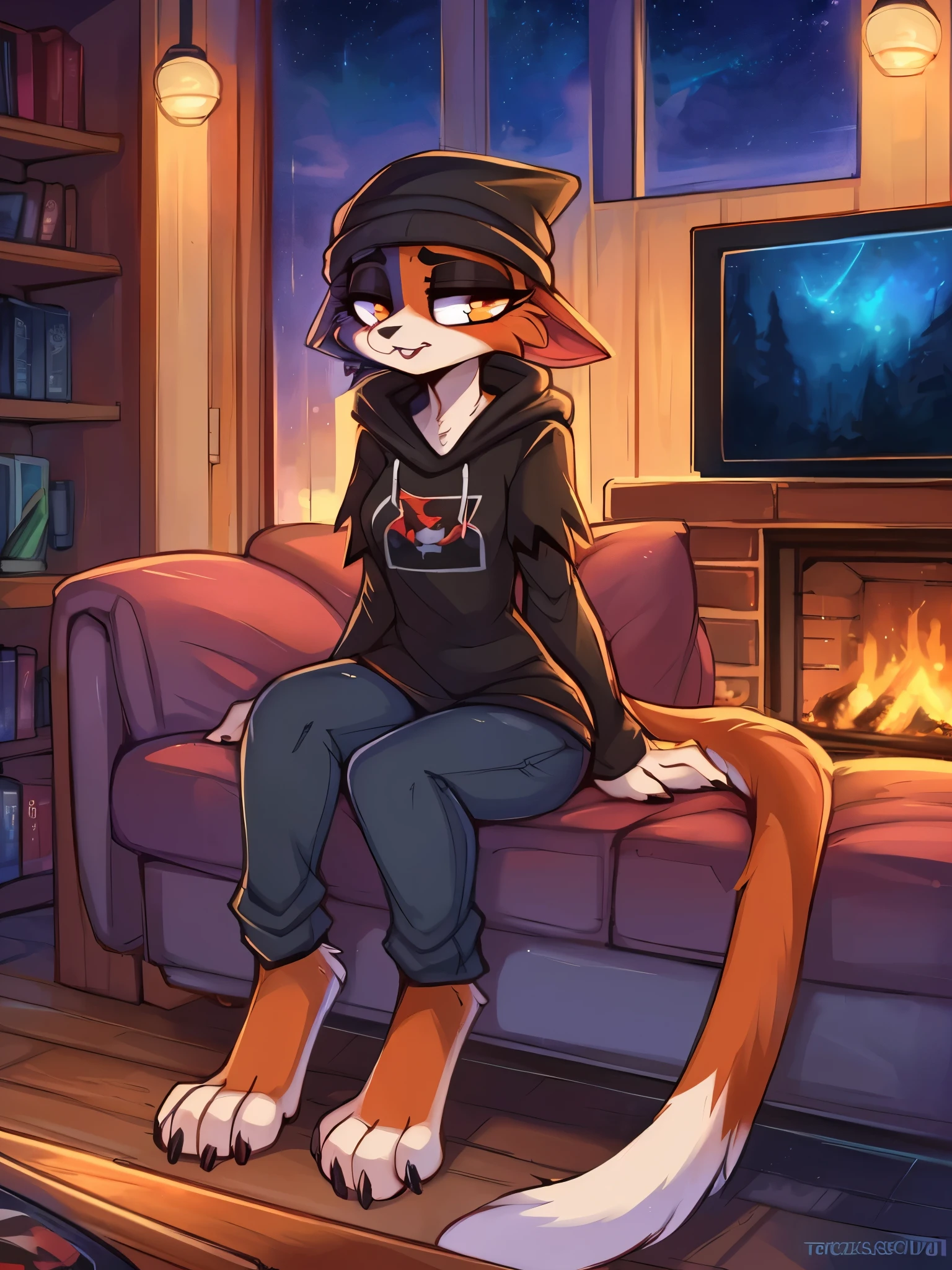 (best quality, masterpiece:1), solo, (shaded face:1.2), furry female anthro meowskulls, (noseless:1.1), sitting on couch, living room, tail, medium breasts, bored, looking away, closed mouth, ((Correct anatomy))), (mocking smile), (shivering:1.2), half-closed eyes, beanie, black hoodie, striped sleeves, black jeans, meowskulls paws, visible feet, (living room background, night), by kenket, Ross Tran, ruan jia, zaush, foxovh, by Zackary911, by hyattlen, by teranen, by fumiko, by Pixelsketcher, by Bayard Wu, by Thomas Benjamin Kennington, by Einshelm, by Kilinah, by Coffeesoda, by Hioshiru, by fluff-kevlar, by r-mk, by Dimwitdog