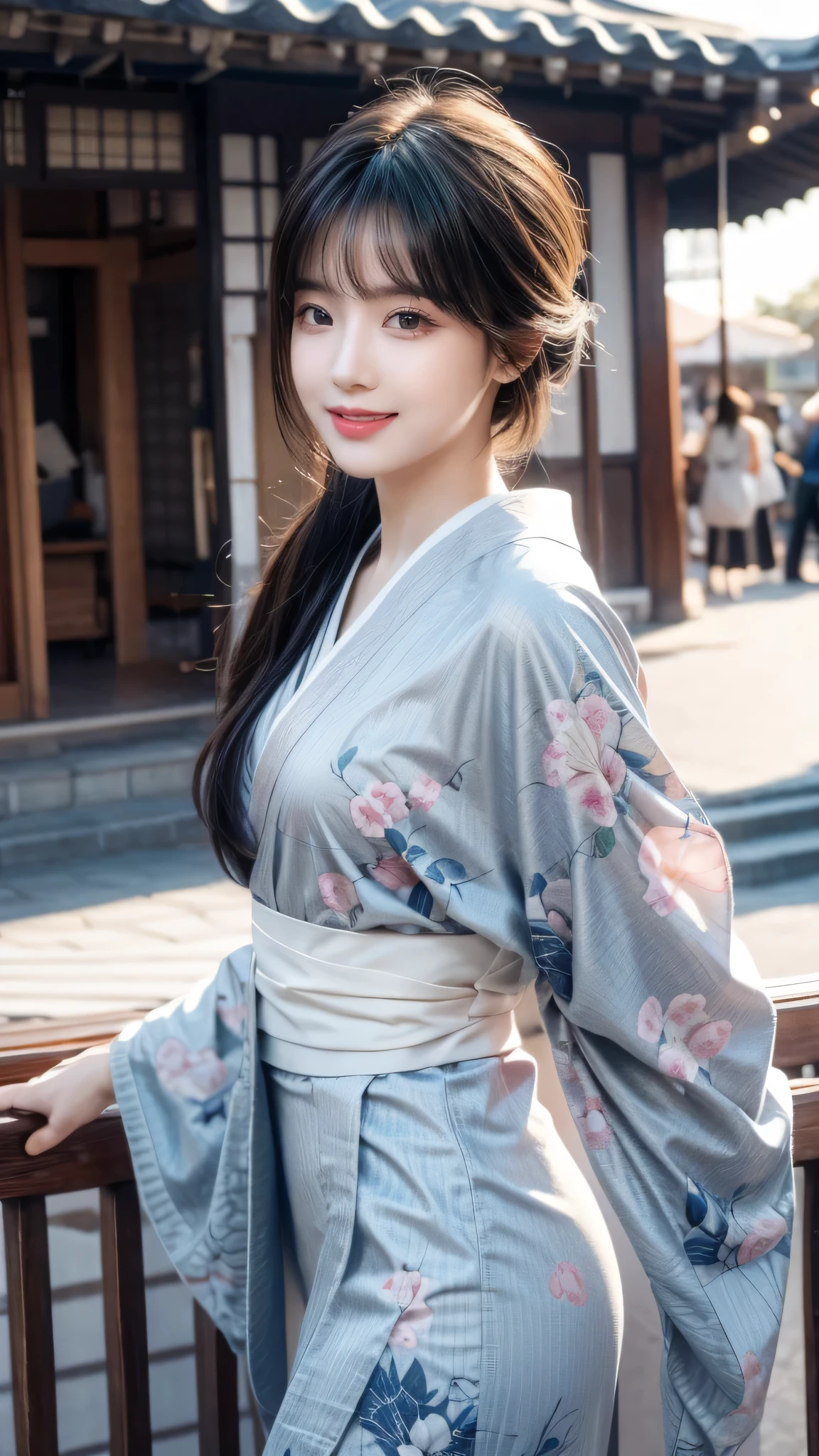 Looking at the camera,(((top quality, 8k, masterpiece))), Clear focus, (Beautiful Women in Perfect Shape), slim, (hairstyle: up)), ((kimono: sugar cane)), street: 1.2 highly detailed faces and skin textures detailed eyes double eyelids random poses, (Smile),super cute Japan person,super beauty Japanese girl, Realistic face, double eyelids,Smile,Summer Day Festival , Sunset , beautiful teeth , Fireworks background.