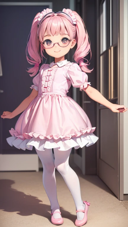 ((masterpiece)),((highest quality)),((Anatomical)),((Realistic)),((Detailed Description)),((cute)),((((Health Room)))),(((One  girl))),(((Beautiful eyes))),(((Baby ((Petite))),((Bewitching Smile)),(((Cute pink cotton dress))),(((White tights))),(((Glasses))),(Full body view,