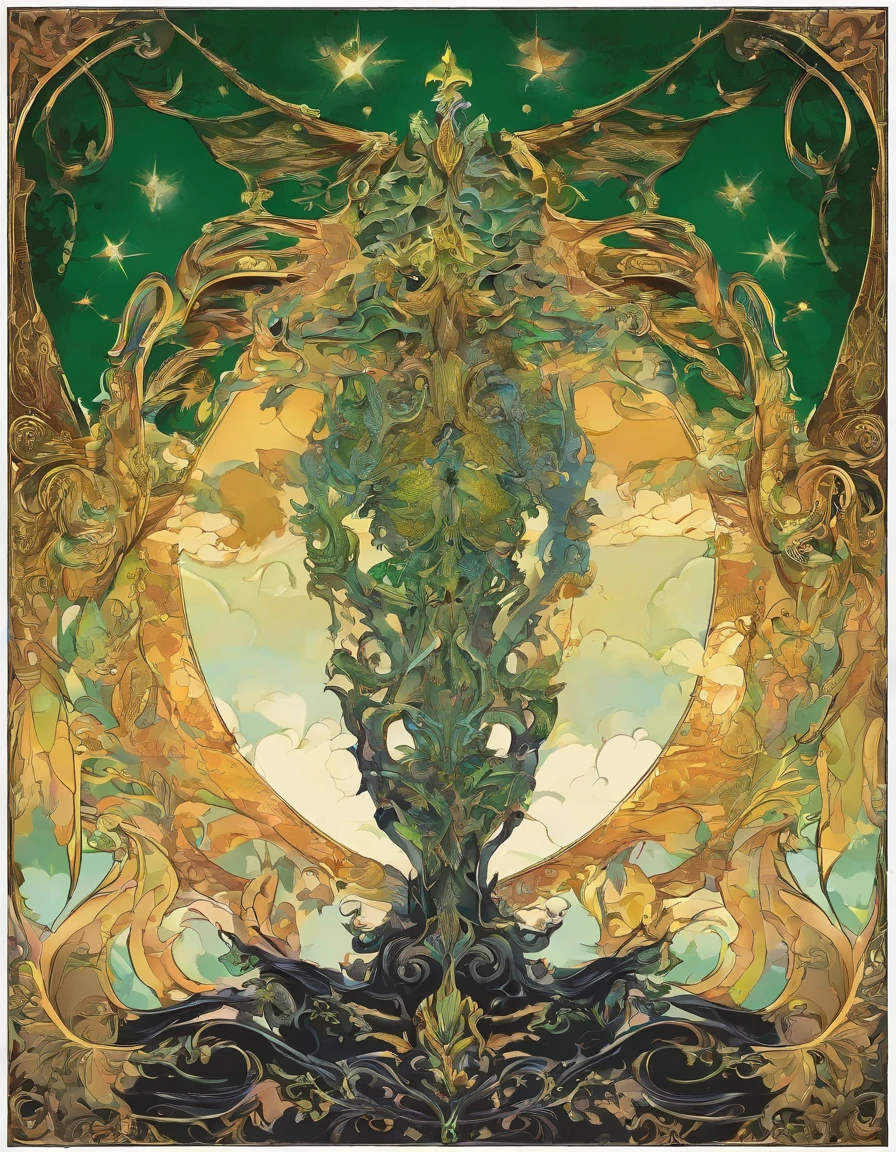 Create an impressionistic painting, depicting the dark knight, turning into cosmic ash., (look forward to) , sober, (Black background), UHD 8K, Very high quality for superior printing. Lighting, that makes the shape stand out in relation to the background., Green colors, Yellow & Red, art, difficult