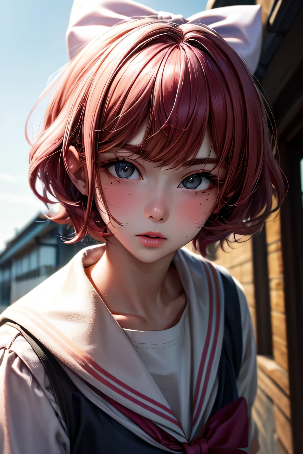 ski style, One girl, alone, Pink Hair, black eye, wing, View your viewers, Mole, bangs, short hair, bow, Sailor collar, Simple school background, white Sailor collar, Mole under mouth, hair bow, pink bow, Mouth closed, shirt, white shirt, Bobcut, Portraiture, compensate, Upper Body, (Background of the school building)、(Dynamic pose_random), masterpiece, 最high quality, high quality, High resolution, (Face close-up)、 (((Background in front of the school building)))、