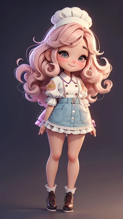 Themed with cute candy land chefs，Create a series of cute chibi style dolls, Each one is rich in details，Resolution reaches 8k. All dolls should follow the same Candy Land wallpaper pattern，And complete in the image, exhibit (whole body, Including legs: 1.5)

Candyland F Doll: call her Marina. Her hair must be short and limp. Your eyes should be large and expressive, long eyelashes and rosy cheeks. The smile is delicate and white. 蘇菲必須穿著色彩繽紛的clothing, Soft tones and sweet details. She should have a piece of candy in her hand. Certifique-se de adicionar detalhes nas clothing, Such as buttons and pockets, Beautiful shoes must be shaded, Hair texture and details, clothing, Candy and chocolate bars, Make them more lovely and charming.