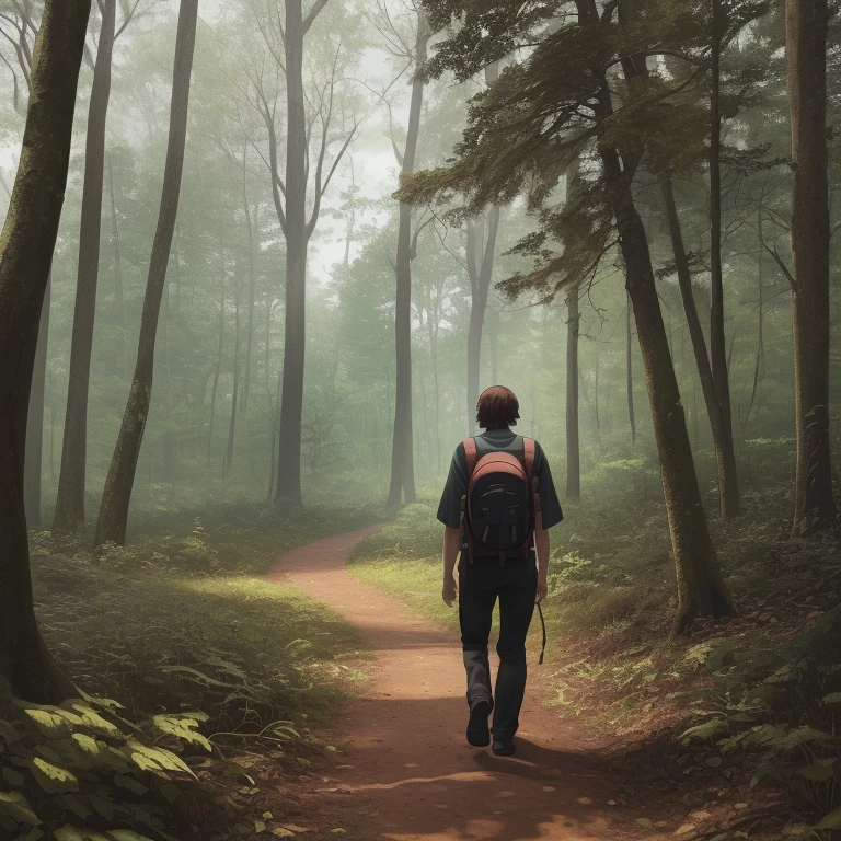 there is a solo man walking in the woods with a backpack, old house. UHD, masterpiece, super detail, best quality, highres, 16k, HD