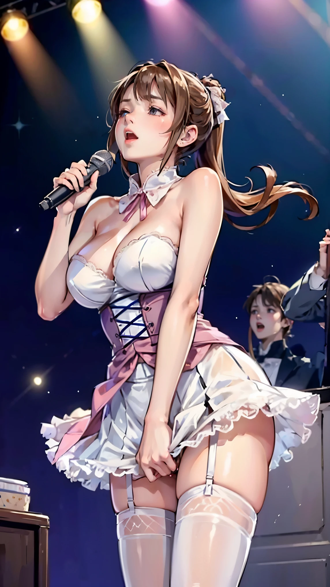 Adult women、The exact number of fingers、Exact number of legs、Exact number of arms、Bangs, Ribbon Ponytail, Brown hair, (blush:1), (put one hand in:1.8), fingering, (cat juice:1.2), Mouth, (A woman holding a microphone ready to sing:1.5)、White and Navy Idol Outfit、The outfit includes a navy blue icon style corset., There is a ribbon on the collar of that costume.、Clothing covers shoulders, both sides, upper arm, and weapons., This costume is only open at the chest.、High socks、White idol style skirt, (Delicate and luxurious decorative lingerie:1.3), Ribbon at neckline, (White and pink with lots of lace:1.3), White lace:1.2), Sexy Lingerie, High Leg Raise、 Beautiful big breasts, (stand erect:1), The skirt is rolled up、best quality, high resolution, (Delicate and beautiful eyes:1.6), The face is rich in detail, Perfect lighting, Very detailed CG, (Perfect hands, Perfect anatomical structure),Embarrassed expression、The expression of not wanting to go to the toilet, (Sexual pleasure expression:1.4), (Expression of pain:1.2)、Close your eyes、sexy look、look up、The mouth is half open、、(live stage、Many viewers:1.3)、whole body