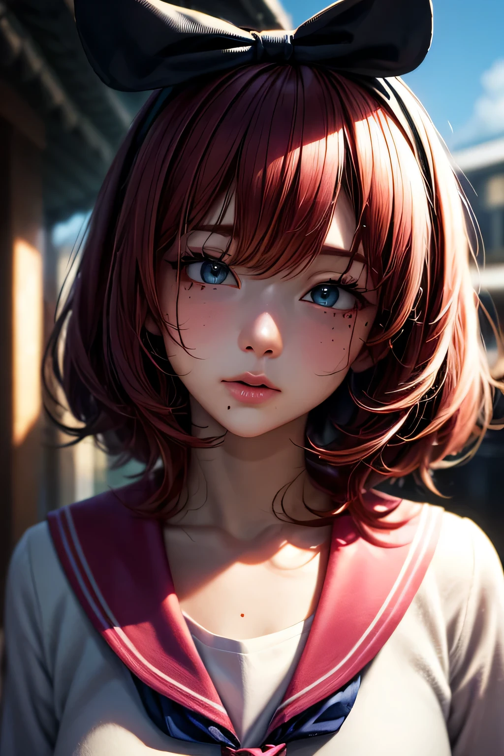 ski style, One girl, alone, Pink Hair, black eye, wing, View your viewers, Mole, bangs, short hair, bow, Sailor collar, Simple school background, white Sailor collar, Mole under mouth, hair bow, pink bow, Mouth closed, shirt, white shirt, Bobcut, Portraiture, compensate, Upper Body, (Background of the school building)、(Dynamic pose_random), masterpiece, 最high quality, high quality, High resolution, (Face close-up)、 (((Background in front of the school building)))、