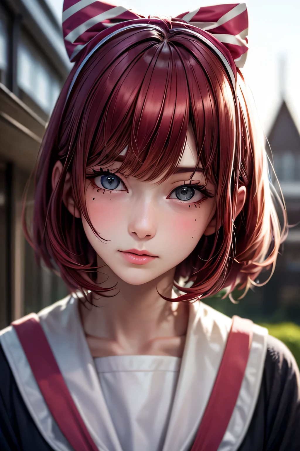 ski style, One girl, alone, Pink Hair, black eye, wing, View your viewers, Mole, bangs, short hair, bow, Sailor collar, Simple school background, white Sailor collar, Mole under mouth, hair bow, pink bow, Mouth closed, shirt, white shirt, Bobcut, Portraiture, compensate, Upper Body, (Background of the school building)､(Dynamic pose＿random), masterpiece, 最high quality, high quality, High resolution, (Face close-up)､  (((Background in front of the school building)))､