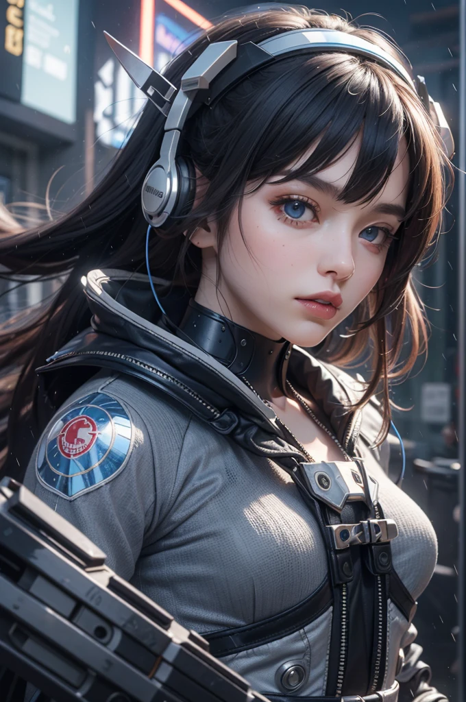 masterpiece,best quality,ultra-detailed,very detailed illustrations,extremely detailed,intricate details,highres,super complex details,extremely detailed 8k cg wallpaper, caustics,reflection,ray tracing, 1girl:1.4), solo, alone, (blue_theme:1.3), (grey_theme:1.3), (mecha musume, mechanical parts ,robot joints, mechanical arm, mechanical legs, headgear, intricate mechanical bodysuit, mechanical energy wings), (robes), very long hair, black hair, blue eyes, glowing eye, eye trail, random expressions, random action, tokyo, city, alley, dark alley, night time, raining, neon lights, detailed background, ((masterpiece)), absurdres, HDR, (Classic headshot pose), extremely detailed 8K wallpaper,cyberpunk city,masterpiece,highres,detailed manga illustration,