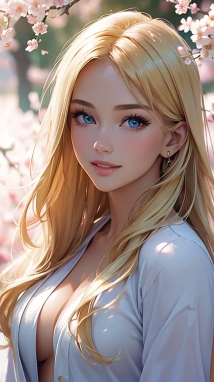 (Best quality,ultra detailed,photorealistic:1.37), (((very beautiful girl without outerwear))),bright and rich colors,studio lighting,playful facial expression,stylish makeup,Long blonde hair fluttering in the wind,inviting eyes,glossy lips,sexy pose, cherry blossom, I smile confidently and seductively,posing for a professional photo shoot,shallow depth of field,highlighting the main subject,soft natural lighting,Creating a dreamy and magical atmosphere.