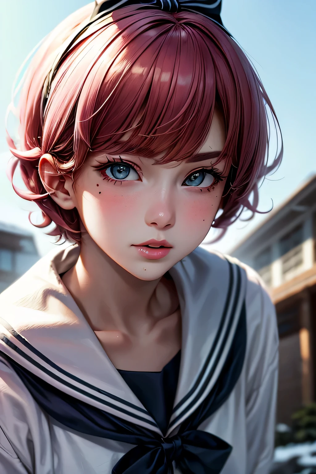 ski style, One girl, alone, Pink Hair, black eye, wing, View your viewers, Mole, bangs, short hair, bow, Sailor collar, Simple school background, white Sailor collar, Mole under mouth, hair bow, pink bow, Mouth closed, shirt, white shirt, Bobcut, Portraiture, compensate, Upper Body, (Background of the school building)､(Dynamic pose＿random), masterpiece, 最high quality, high quality, High resolution, (Face close-up)､  (((Background in front of the school building)))､Refreshing blue sky