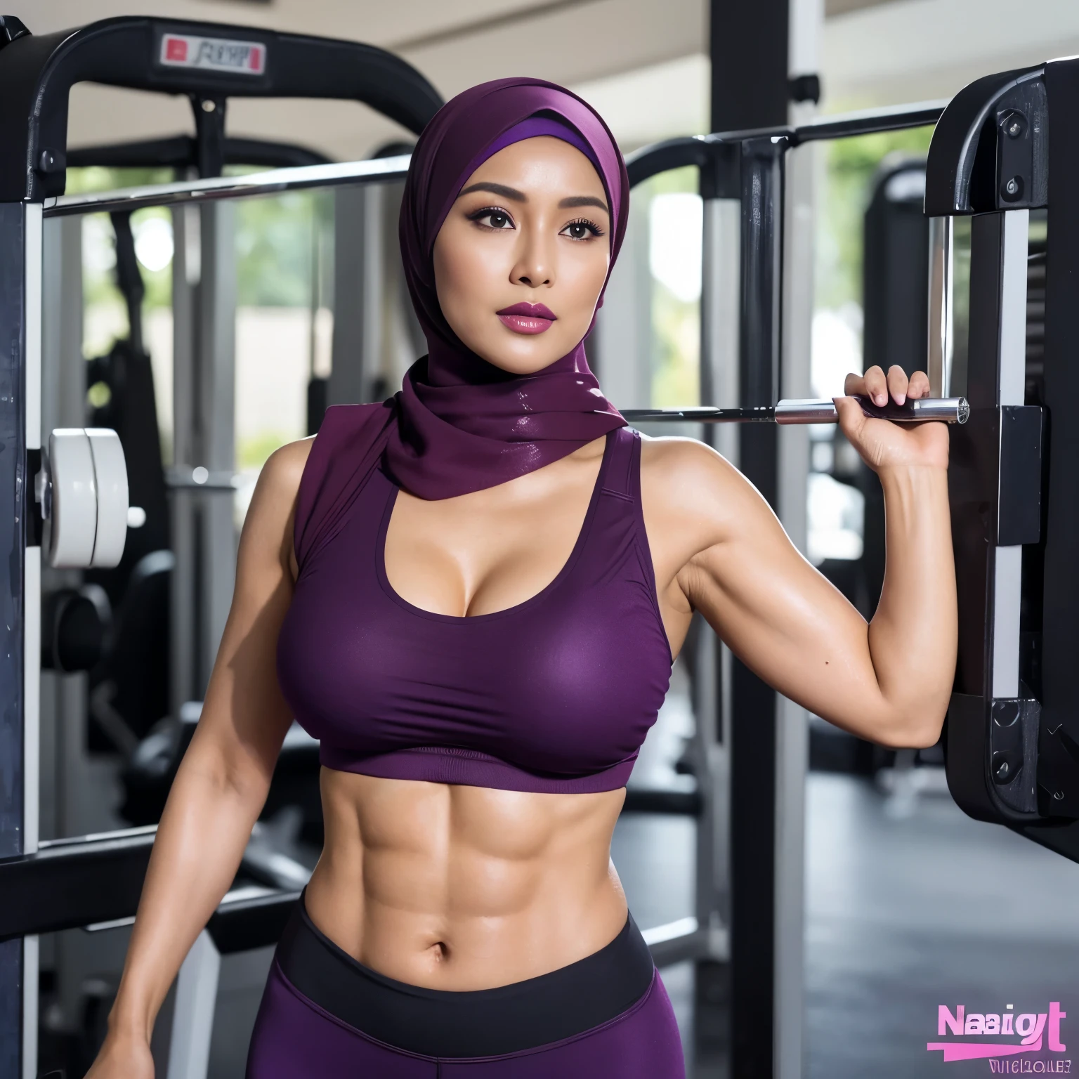 Transparent, ((SHORT HIJAB)), ((Gigantic tits:1)), (dynamic photograph of a 30 yesrs malay woman), (slim top, cotton panties),(((cameltoe pov))), (straight non curly hair), (highly detailed face:1.4), (vascular muscles and abs:1.3), (background inside light, bright, private gym:1.1), (8k, uhd, dslr, high quality, cinematic lighting, bokeh), (dramatic, award winning photography, incredible masterpiece:1.3), (((sexy slut stare at camera:0.8))), ((she is ready to dominate you:0.5)), ((beautiful feminine face)), add_detail:1, (((wearing t-shirt hello kitty))), ((sweat body)) 