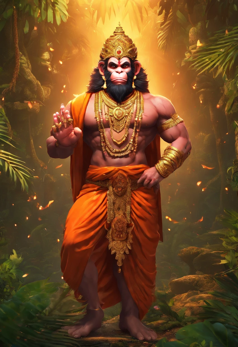 LORD HANUMAN ,a 25 years man who has a face of a monkey, has a long tail as a monkey, proper super detailed eyes, proper super detailed hands, proper super detailed legs, An Indian god, Lord Hanuman, face of a monkey , moderate stature, has a big tail, Fire on the background, strongly built, broad-chested, narrow-waisted, and long-armed, big gada in his hand, in a dark forest (Professional 3D rendering:1.3) by (Realistic:1.3) World's most beautiful art picture, Features soft, dark complexation male heroes , hindu god, indian god, ((Epic hindu god , lord Hanuman, fantasy rough muscular man hero divine happy look long hair long slightly white beard and fierce expression in dynamic pose, wearing a orange robe, inside a jungle, burning lights in the background, majestic environment)), full body 8k unit render, action shot, skin pores, very dark lighting, heavy shading, detailed, Detailed face, (vibrant, photorealistic, Realistic , Dramatic, Dark, sharp focus, 8k), (orange cloths with heavy jewelry r:1.4), (intricate:1.4), decayed, (highly detailed:1.4), painting digital, rendering by octane, art stations, Concept-Art, smooth, sharp focus, illustration, germ of art, (Loish:0.23), Wlop Ilya Kuvshinov, and Greg Rutkowski and Alphonse Mucha Gracias, (global illumination, studiolight, Light Volumetric ), heavy rain, floating particles, scoundrel, fantasy, Eleven, full bodyesbian, ((Dark jungle background:1.3)),CGSesociedade,art stations