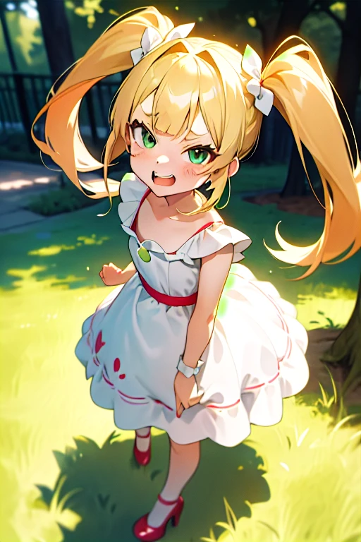 ((Masterpiece)), ((Best Quality)), (Ultra-detailed), ((high definition 4k)) Anime style, Cute, 1girl in, Solo, ((Beautiful green eyes)), Smile, (thin legs), details in the environment, face the lens, full body, lesbian, seductive, seductive smile, seductive eyes, undressing, raped, accurate depiction of the human body, 1 girl, cute, bratty, spoiled, blonde hair, twintails, long hair, cute, bratty, teasing look, dim lighting, green eyes, smiling, sassy, sassy smile, small, blond hair, long blond hair, twintails, twin-tails, golden twintails, blond twintails, (long blond twintails), laughing at viewer, laghing pose, laughing, laughing expression making of at POV, (in a park) ((in a park at day time)), ((white heels)), ((small white short summer dress)), (((Loli))) (((Young girl))) (((child girl)))