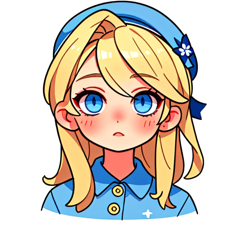 a portrait of a blonde girl with blue cap and blue shirt