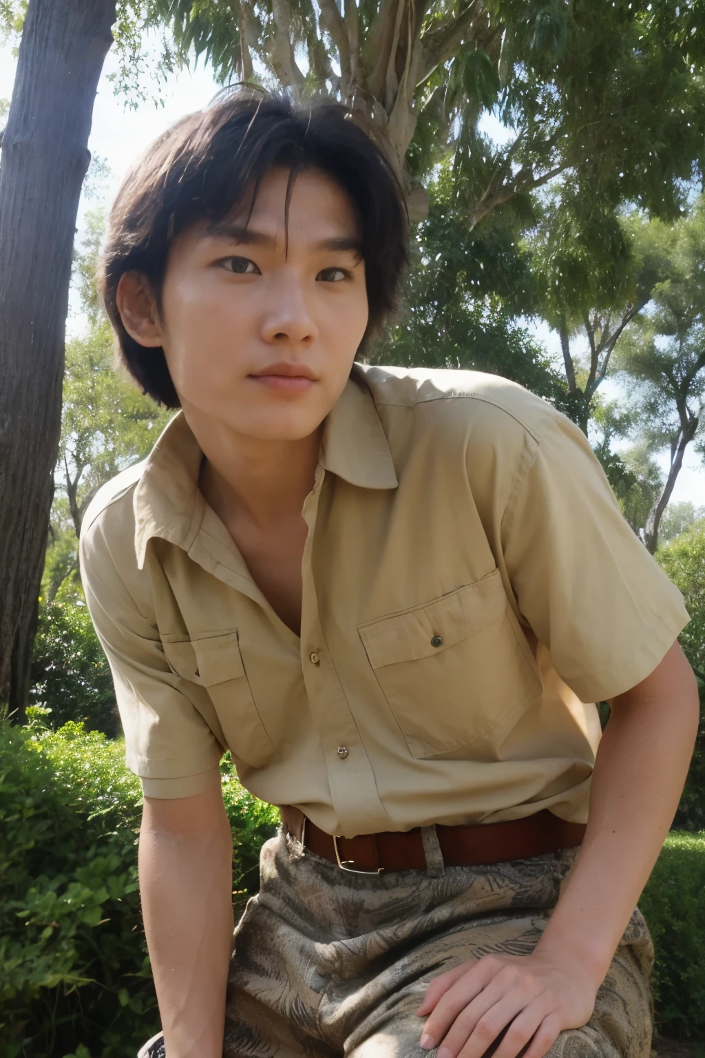 ke huy kuang as Short round from indiana jones, as a teenager, in a safari shirt and pants, ((best quality)), ((masterpiece)), (detailed), perfect face