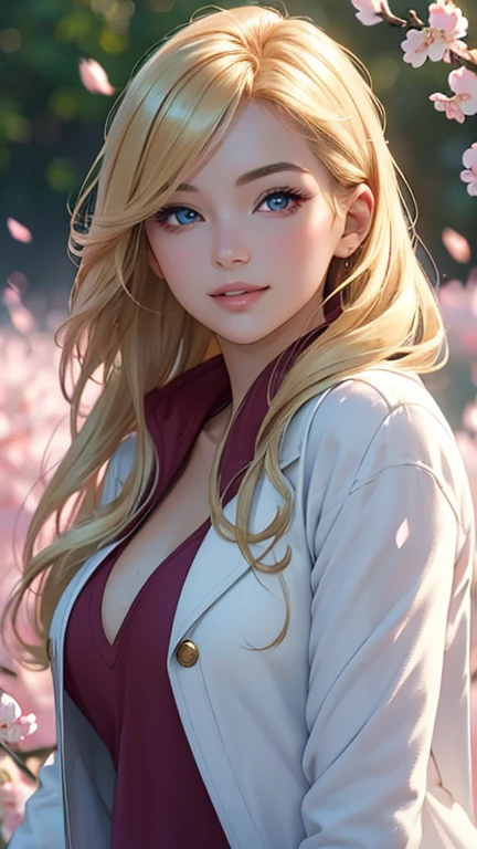 (Best quality,ultra detailed,photorealistic:1.37), (((very beautiful girl without any outerwear))),bright and rich colors,studio lighting,playful facial expression,stylish makeup,Long blonde hair fluttering in the wind,inviting eyes,glossy lips,sexy pose, cherry blossom, I smile confidently and seductively,posing for a professional photo shoot,shallow depth of field,highlighting the main subject,soft natural lighting,Creating a dreamy and magical atmosphere.