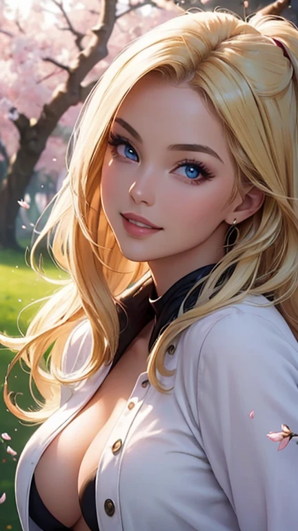 (Best quality,ultra detailed,photorealistic:1.37), (((very beautiful girl without any outerwear))),bright and rich colors,studio lighting,playful facial expression,stylish makeup,Long blonde hair fluttering in the wind,inviting eyes,glossy lips,sexy pose, cherry blossom, I smile confidently and seductively,posing for a professional photo shoot,shallow depth of field,highlighting the main subject,soft natural lighting,Creating a dreamy and magical atmosphere.