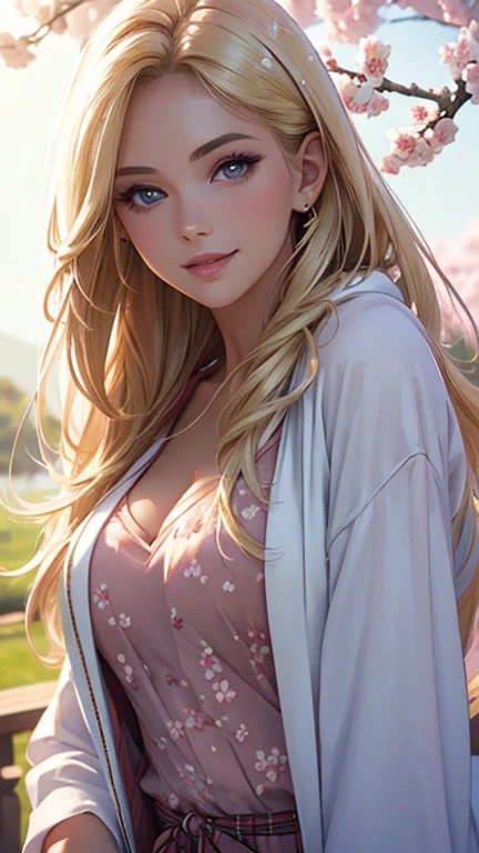 (Best quality,ultra detailed,photorealistic:1.37), (((very beautiful girl without any outerwear))),bright and rich colors,studio lighting,playful facial expression,stylish makeup,Long blonde hair fluttering in the wind,inviting eyes,glossy lips,sexy pose, cherry blossom, I smile confidently and seductively,posing for a professional photo shoot,shallow depth of field,highlighting the main subject,soft natural lighting,Creating a dreamy and magical atmosphere.