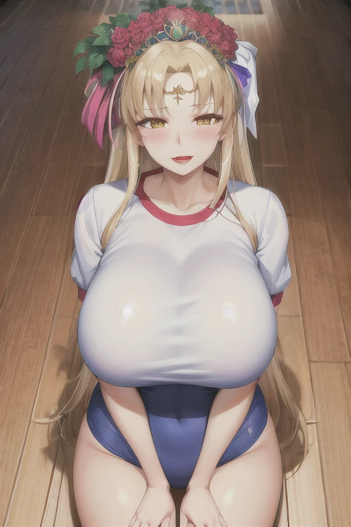 (masterpiece, highest quality, Beautiful fine details, Intricate details), 4k 1girl, alone, garden, Ocean, Outdoor, Cowboy Shot, Spa Frodite, tiara, Circlet, Hair Flowers, lipstick, Huge breasts, blush,(Smirk,open mouth), sfw,gym uniform,school,Photo of girl in wooden floor gym room