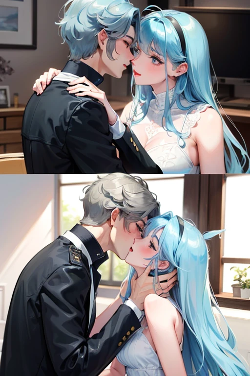 A girl with light blue long hair kiss her husband