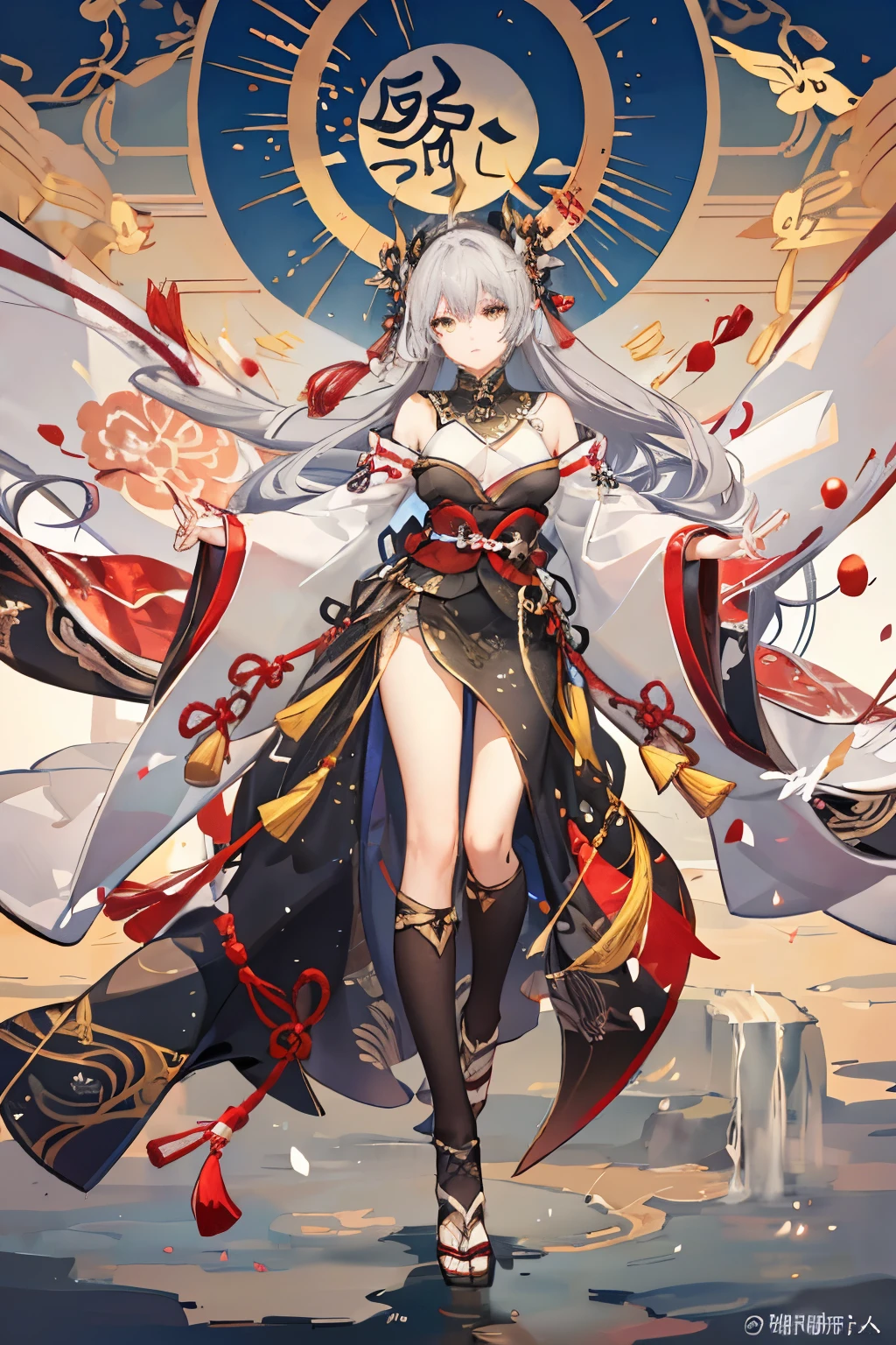 Realistic, High resolution, 1 Female, alone, Hip Up, View the viewer, (Detailed face), Gray Hair, Long Hair, Taoist Robe,Larger clothes, Jewelry Amaterasu:She is the sun goddess、One of the major gods in Japanese mythology。