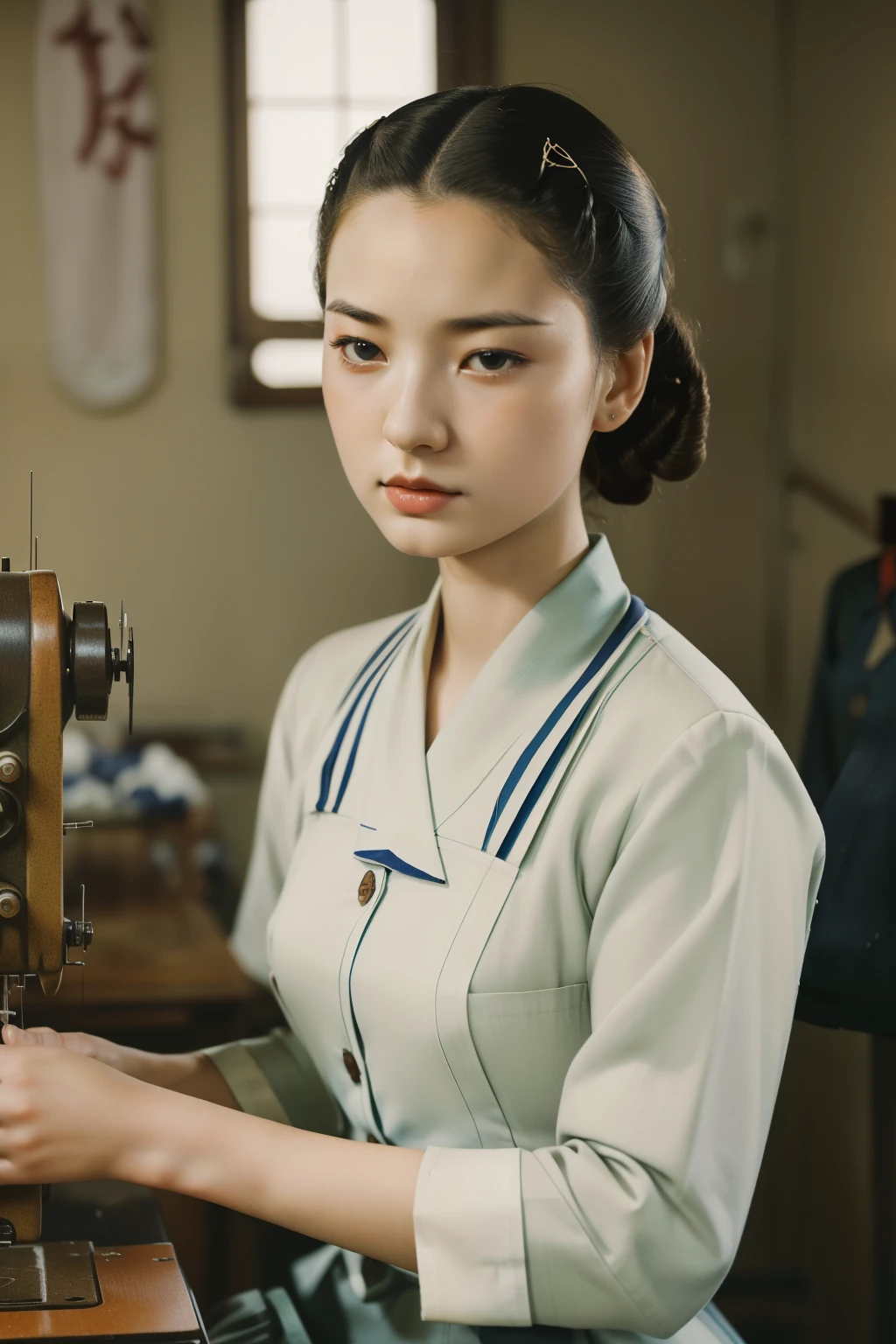 Kioto, 1944. A young ((((24-year-old)) Sayuri)), strikingly beautiful, delicate facial features, porcelain skin, expressive eyes, sewing clothes fabric, ((sad expression)), ((((worker clothings from the 1940s)))), ((hairstyle of the 1940s)), colorful