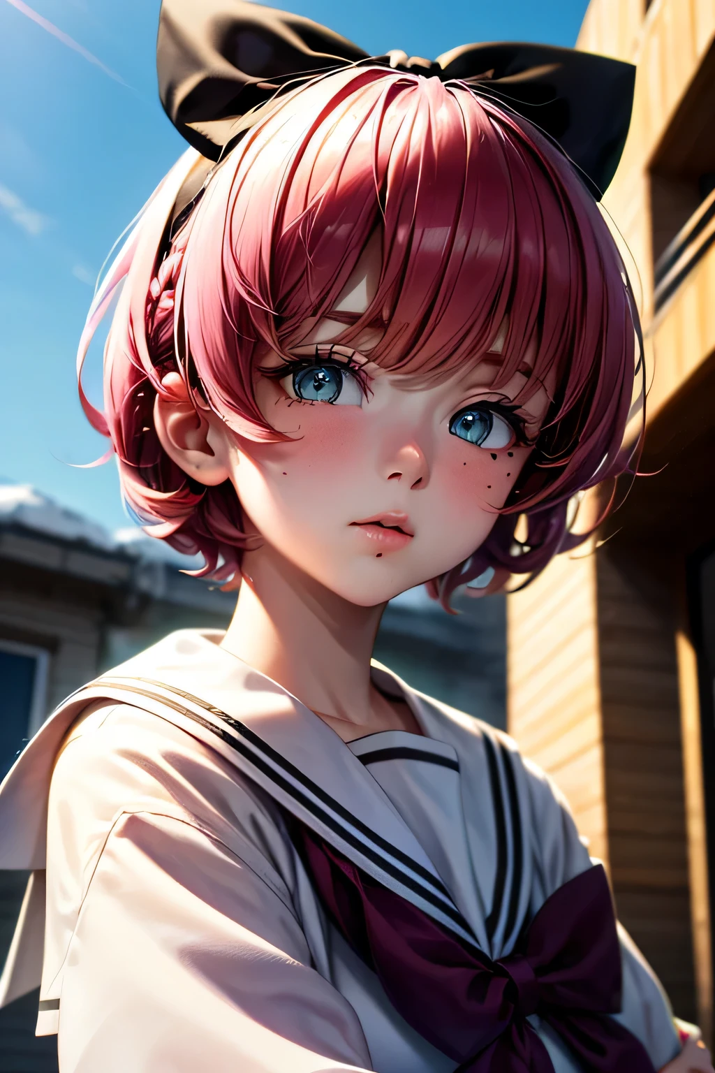 ski style, One girl, alone, Pink Hair, black eye, wing, View your viewers, Mole, bangs, short hair, bow, Sailor collar, Simple school background, white Sailor collar, Mole under mouth, hair bow, pink bow, Mouth closed, shirt, white shirt, Bobcut, Portraiture, compensate, Upper Body, (Background of the school building)､(Dynamic pose＿random), masterpiece, 最high quality, high quality, High resolution, (((Background in front of the school building)))､(Refreshing blue sky)､(Upper Bodyのポートレート)