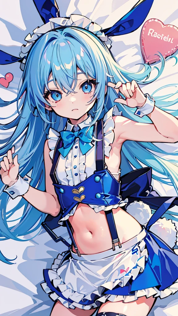 dakimakura style,hyper cutest shota,
light blue hair,loose long hair,rabbit shotas,(Reliable blue suspenders for hanging frilly miniskirts),(bare navel and stomach),School festival, bunny ear waitress,