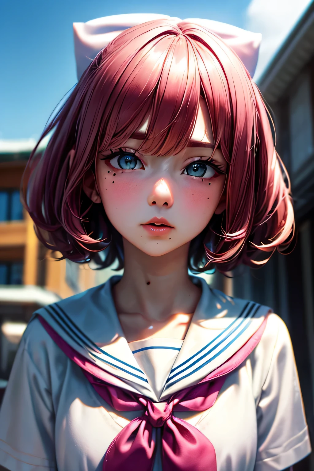 ski style, One girl, alone, Pink Hair, black eye, wing, View your viewers, Mole, bangs, short hair, bow, Sailor collar, Simple school background, white Sailor collar, Mole under mouth, hair bow, pink bow, Mouth closed, shirt, white shirt, Bobcut, Portraiture, compensate, Upper Body, (Background of the school building)、(Dynamic pose_random), masterpiece, 最high quality, high quality, High resolution, (((Background in front of the school building)))、(Refreshing blue sky)、(Upper Bodyのポートレート)