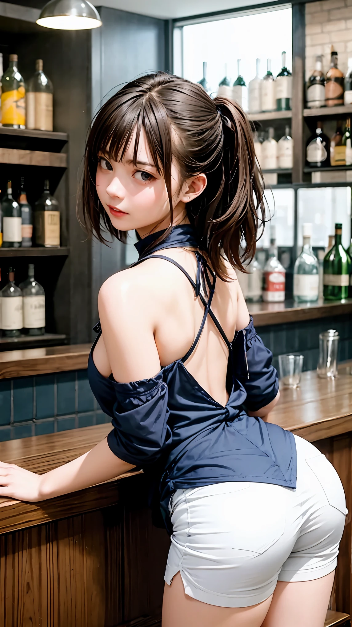 highest quality、4K quality、Man Attacking、A bartender woman embraced by a man、slender、Small face、、Man touches woman's chest（1.7）、bar counter、T-back shorts、The man presses his hips against the woman&#39;s thighs from behind（4.0）、Exposed breasts