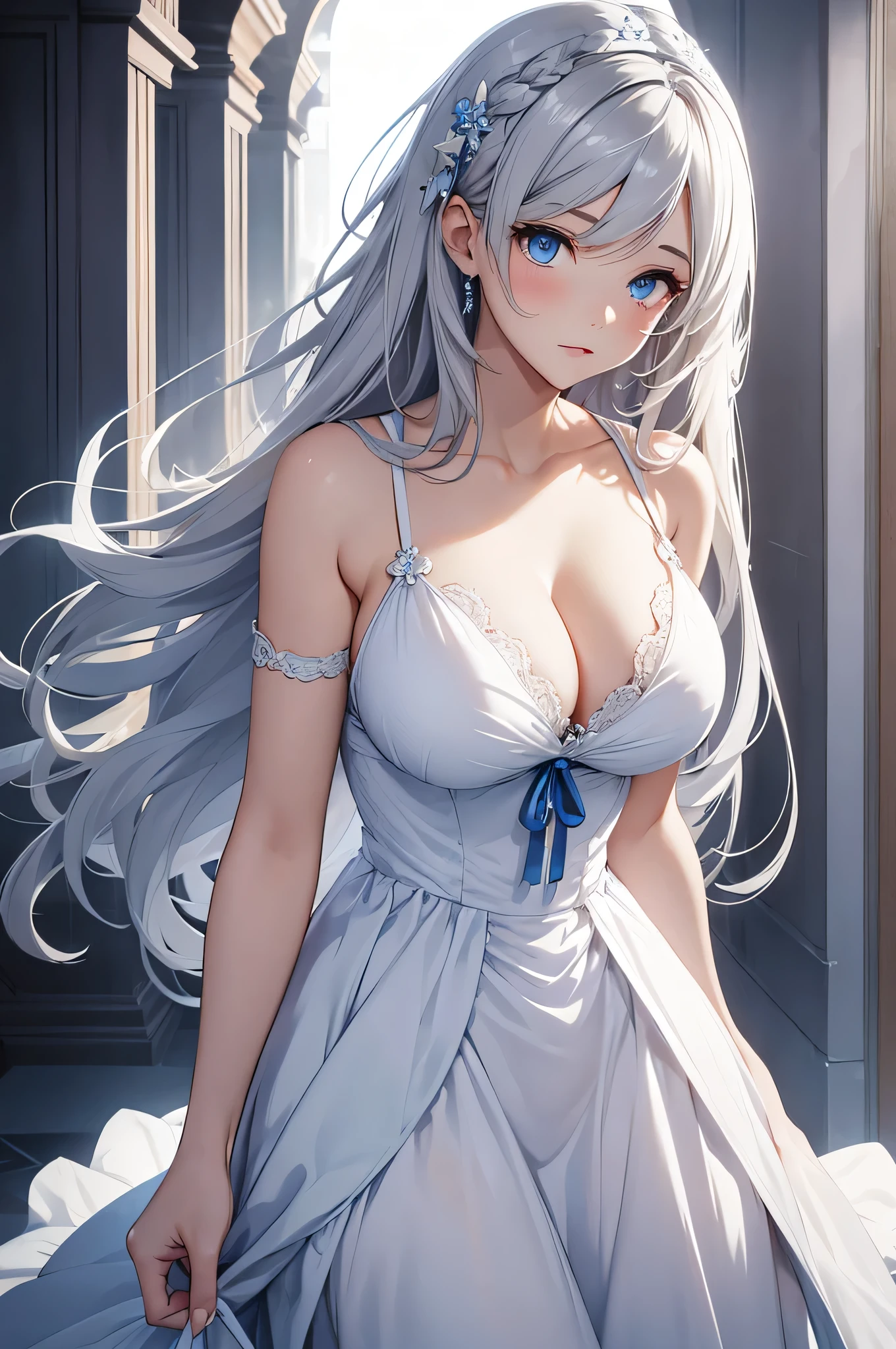 beautiful girl, Gray Hair, blue eyes, White Dress, Big Breasts,