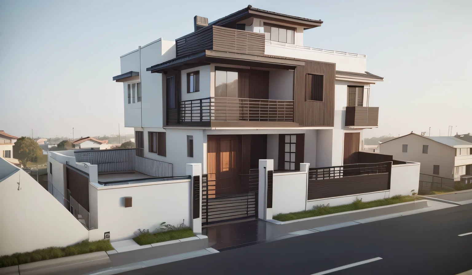 arafed view of a two story house with a balcony and a balcony, complete house, residential design, 3d rendering, 3 d rendering, lumion rendering, fully detailed render, rendered in lumion pro, exterior design, highly detailed render, lumion render, very detailed render, japanese house, render in vray, overall architectural design, architectural 3 d render