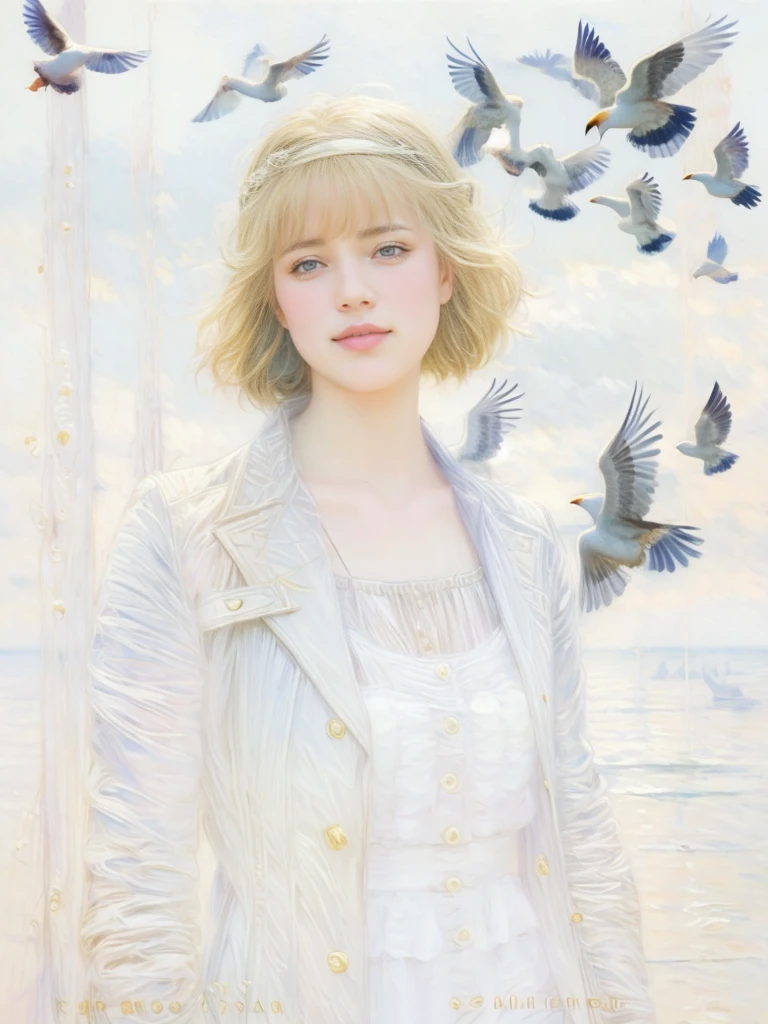cloudy day, pigeons flying in the sky, Portrait of a 25-year-old girl with long blonde hair, dressed in a dress made of light material, rays of the sun, bromine art, image of an epic fantasy character, portrait of a character, fantasy art, works by Richard Schmid, A. Mucha, Volegova, impressionism, your love
