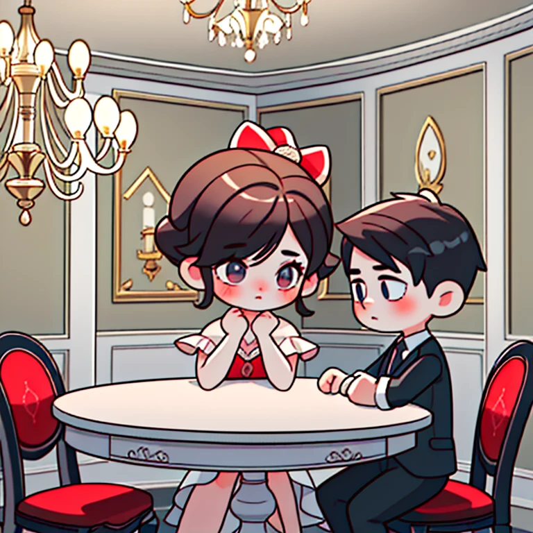 there is a girl and boy in the dining room with a table and chairs and a chandelier. UHD, masterpiece, super detail, best quality, highres, 16k, HD