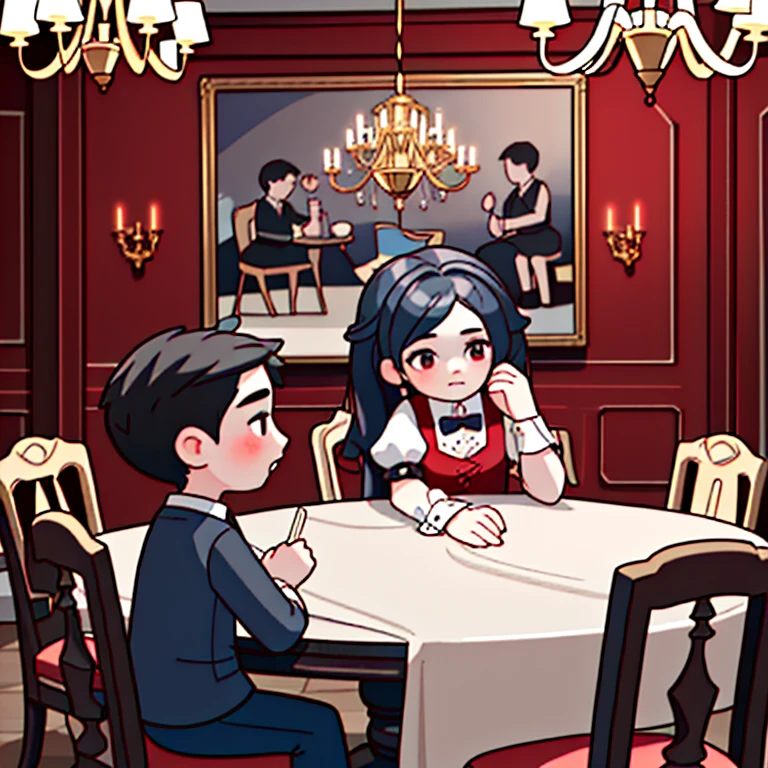 there is a girl and boy in the dining room with a table and chairs and a chandelier. UHD, masterpiece, super detail, best quality, highres, 16k, HD