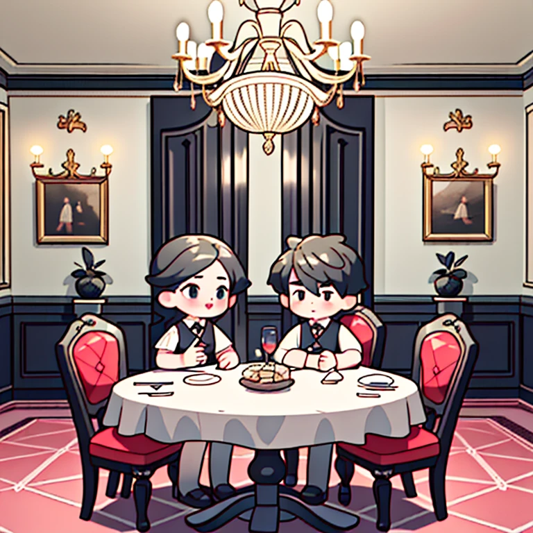 there is a girl and boy in the dining room with a table and chairs and a chandelier. UHD, masterpiece, super detail, best quality, highres, 16k, HD