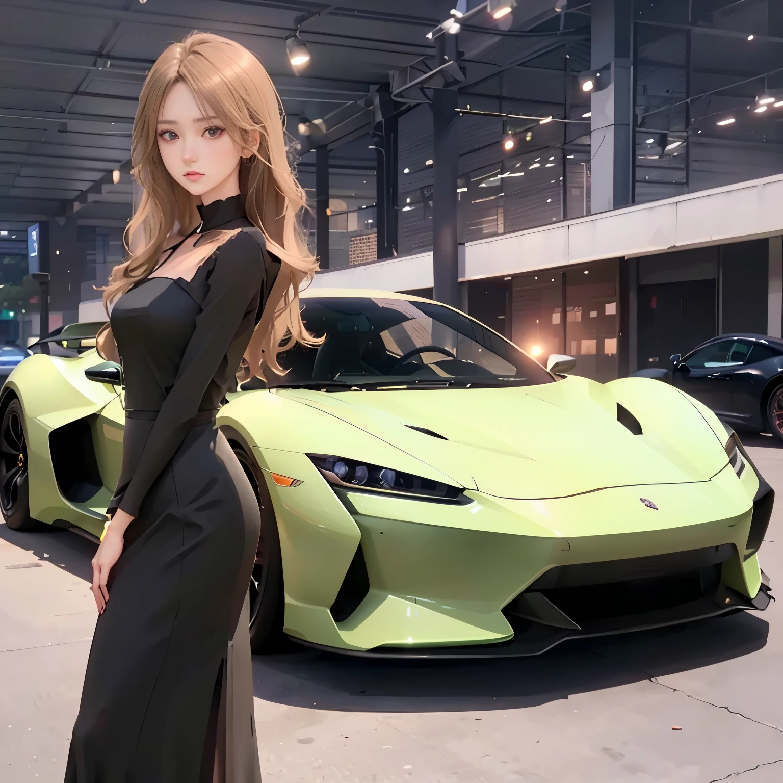 arafed woman in a black dress standing next to a green sports car, miura kentaro style, anime style. 8k, anime style 4 k, realistic anime artstyle, digital art of an elegant, high quality anime artstyle, realistic anime 3 d style, anime artstyle, badass anime 8 k, in anime style, smooth anime cg art