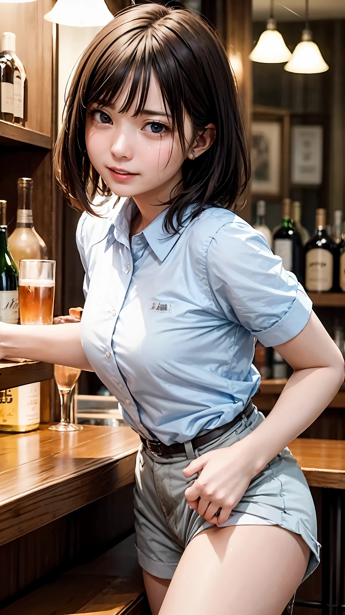 highest quality、4K quality、Man Attacking、A bartender woman being grabbed by a man、slender、Small face、、A man tears a woman&#39;s clothes（1.7）、bar counter、nude crotch