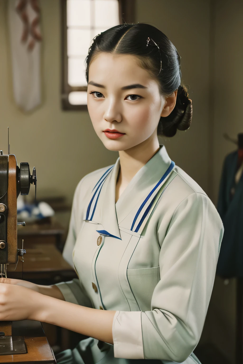 Kioto, 1944. A young ((((24-year-old)) Sayuri)), strikingly beautiful, delicate facial features, porcelain skin, expressive eyes, sewing clothes fabric, ((sad expression)), ((((worker clothings from the 1940s)))), ((hairstyle of the 1940s)), colorful