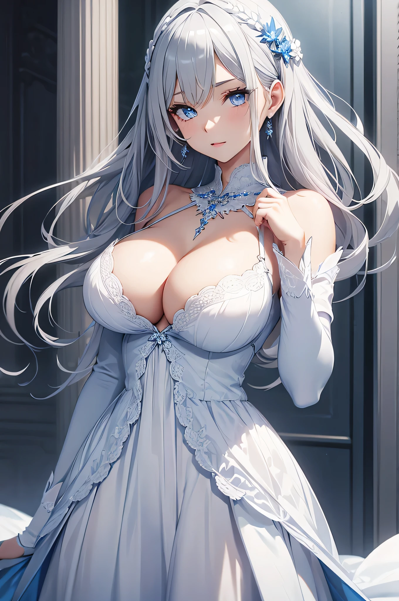 beautiful girl, Gray Hair, blue eyes, White Dress, Big Breasts,