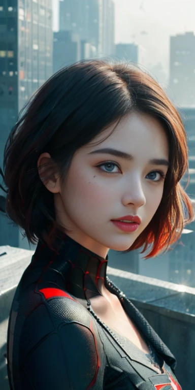 (1girl:1.3), Solo, (((Very detailed face)))), ((Very detailed eyes and face)))), Beautiful detail eyes, Body parts__, Official art, Unified 8k wallpaper, Super detailed, beautiful and beautiful, beautiful, masterpiece, best quality, original, masterpiece, super fine photo, best quality, super high resolution, realistic realism, sunlight, full body portrait, amazing beauty, dynamic pose, delicate face, vibrant eyes, (from the front), She wears Spider-Man suit, red and black color scheme, spider, very detailed city roof background, rooftop, overlooking the city, detailed face, detailed complex busy background, messy, gorgeous, milky white, highly detailed skin, realistic skin details, visible pores, clear focus, volumetric fog, 8k uhd, DSLR, high quality, film grain, fair skin, photo realism, lomography, futuristic dystopian megalopolis, translucent