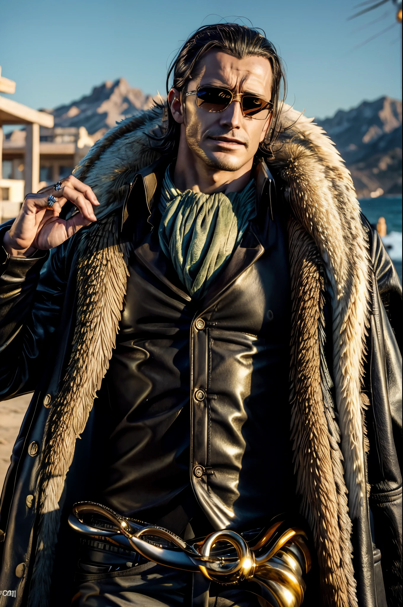 masterpiece, best quality, extremely detailed, hyperrealistic, photorealistic, a cool 40s man, ultra detailed face:1.2, fur-trimmed coat, scarf around the neck, his left hand is a golden pirate hook:1.1, in the sunshine:1.1, resort, hotel, sea, sunglass, sly smile