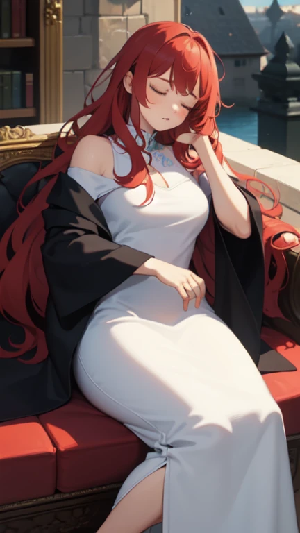 ((best quality)), ((masterpiece)), (detailed), perfect face, queen, castle, red hair,
sleeping, long hair, long dress, tall,