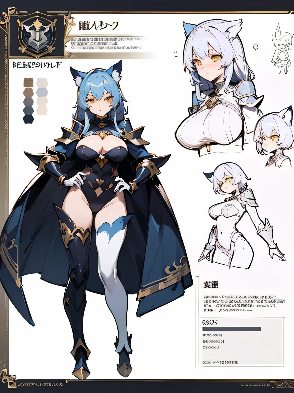 ((Masterpiece)), (((best quality))), (character design sheet),big breasts, hips wide open, ((monster girl encyclopedia cheshire cat)), girl, silver armor, Yellow eyes,